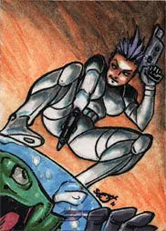 Futuristic cyborg with gun crouching over green alien head on Galaxgals Tony Scott sketch card