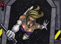 Blonde woman in a spacesuit floating through a narrow opening on Tony Scott sketch card