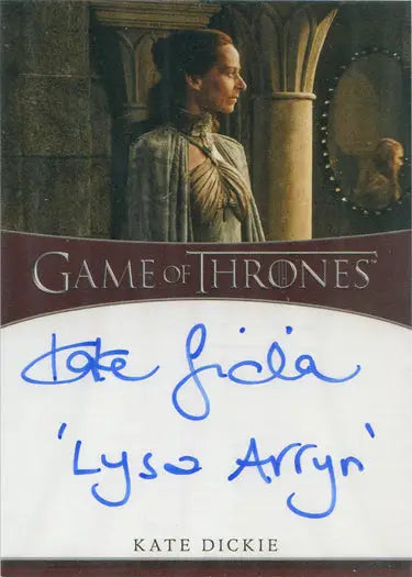 Autographed Game of Thrones trading card of Kate Dickie as Lysa Arryn in costume