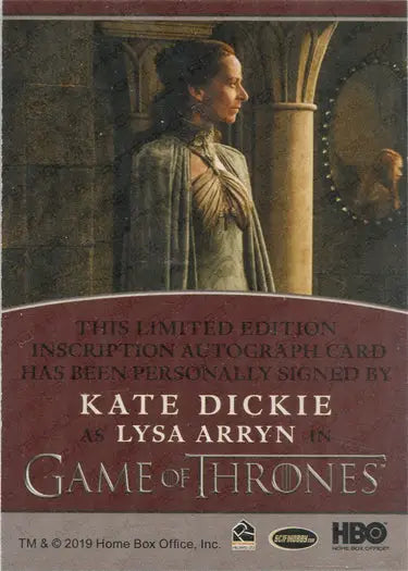 Game of Thrones Trading Card of Kate Dickie as Lysa Arryn in medieval attire