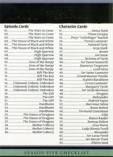 Game of Thrones Season 5 Gold Parallel Trading Card featuring episode and character details