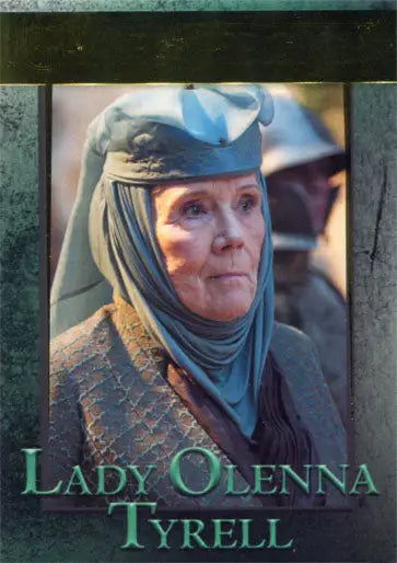 Portrait of Lady Olenna Tyrell in medieval attire on a Game of Thrones gold parallel trading card