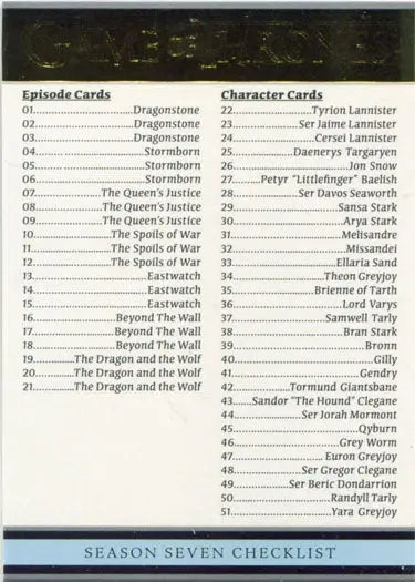 Checklist for Game of Thrones Season 7 Gold Parallel Chase Card trading cards