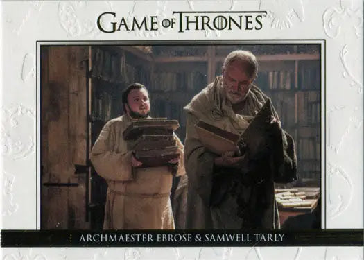 Trading card showcasing Game of Thrones characters in a library, Relationships Chase Card