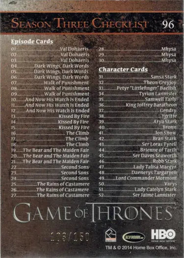 Game of Thrones Season 3 Gold Foil Parallel Card 96 Checklist with episode and character listings