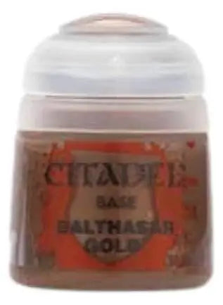 Citadel Balthasar Gold paint pot for Warhammer and miniature painting showcases rich gold color