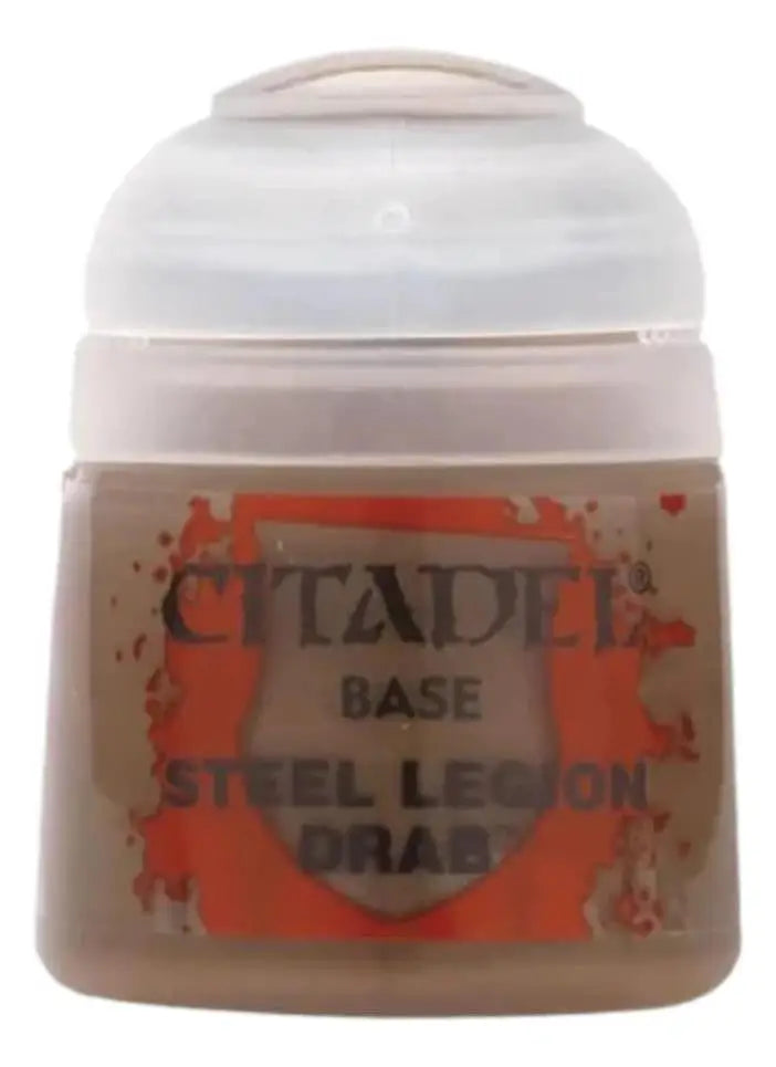 Citadel Steel Legion Drab paint pot for Warhammer models displayed in Games Workshop product