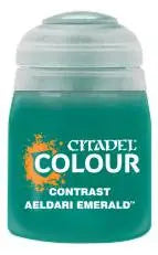 Small pot of vibrant green Citadel Contrast Aeldari Emerald paint for miniature models