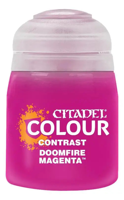 Bottle of Citadel Contrast Doomfire Magenta paint for miniature models by Games Workshop