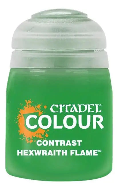 Green bottle of Citadel Contrast HEXWRAITH FLAME paint for Warhammer models