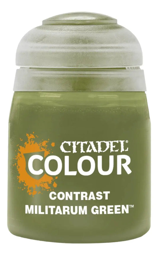 Citadel Contrast Militarum Green paint pot for model painting by Games Workshop