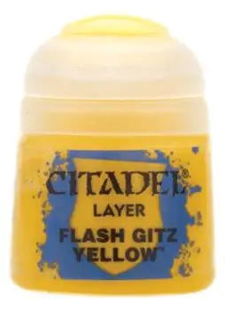 Bright yellow Hobby Paint in a pot from Games Workshop Citadel Layer Paint Flash Gitz Yellow
