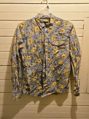 Gap Shirt Mens L Slim Fit Floral Button Up Long Sleeve Blue Yellow Casual Woven - Apparel