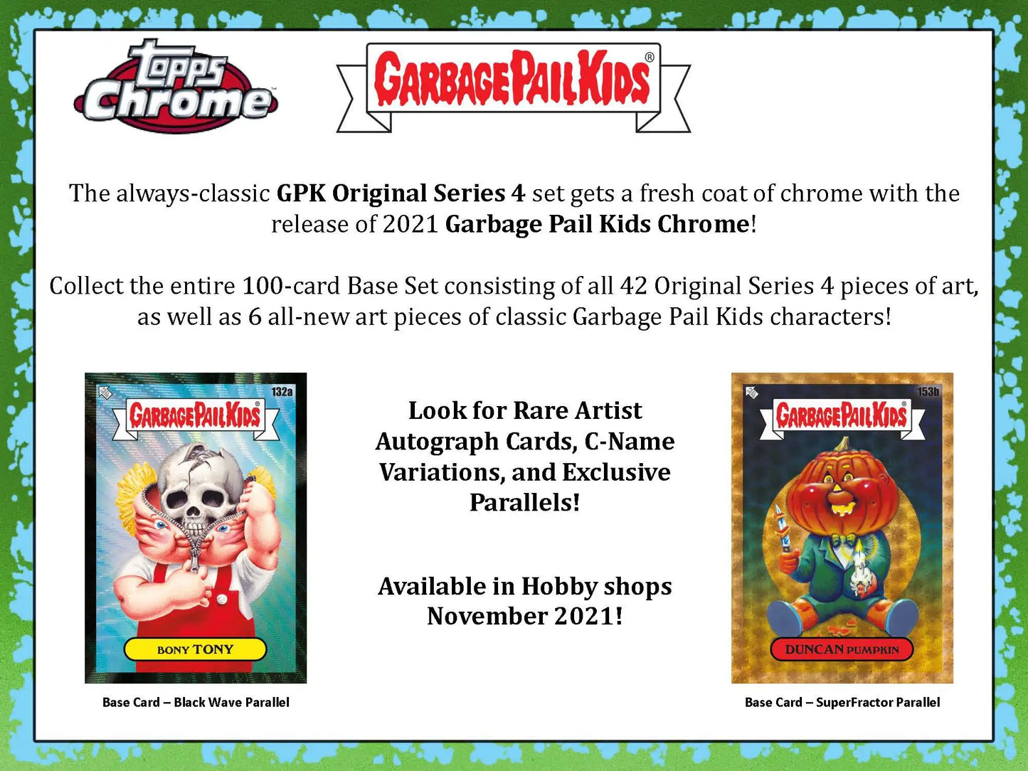 Advertisement for Garbage Pail Kids 2021 Chrome Factory Sealed GPK Original Series cards