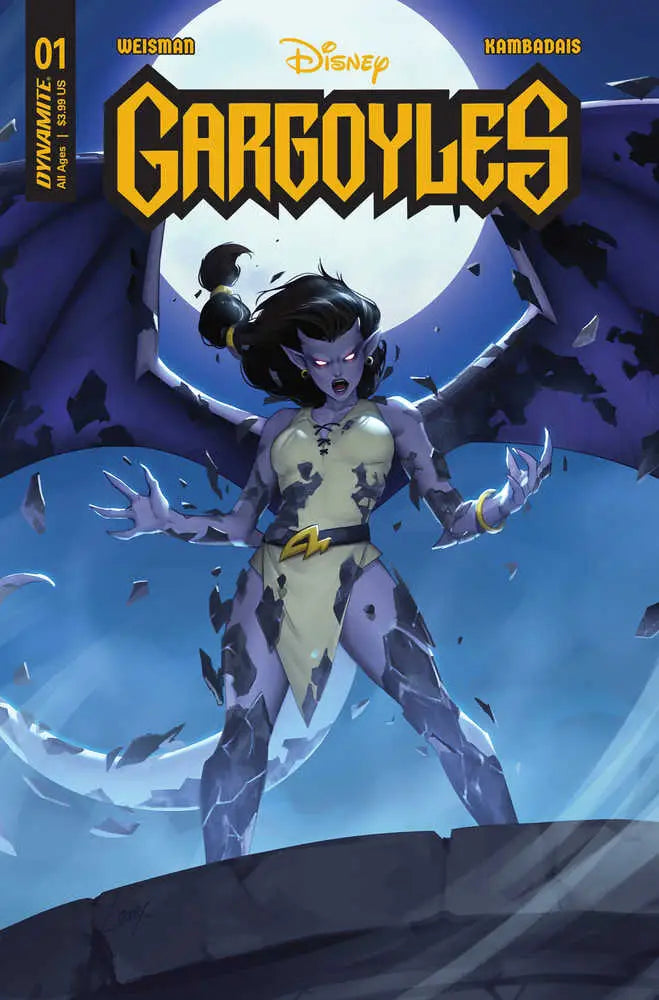 Fierce gargoyle with wings silhouetted against full moon on Gargoyles #1 Cover D Leirix