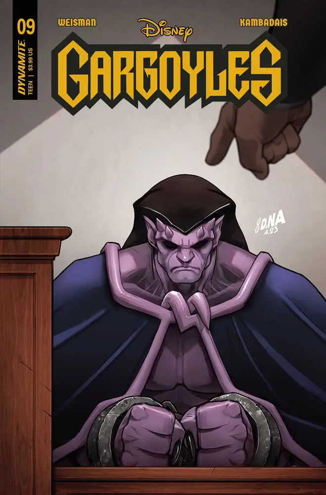 Purple gargoyle character in a cape on a judge’s bench for Gargoyles trading cards