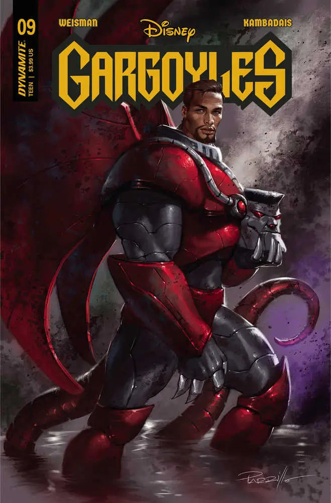Red and black armored gargoyle figure in combat stance from Gargoyles #9 Cover B Parrillo