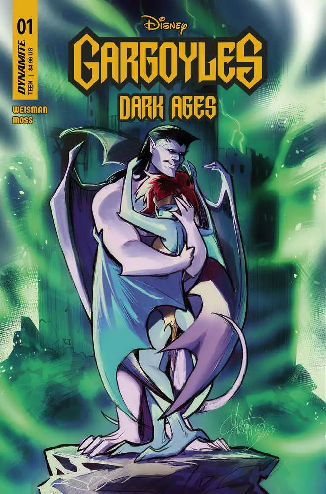 Purple gargoyle with wings on pedestal from Gargoyles Dark Ages #1 Cover C Andolfo