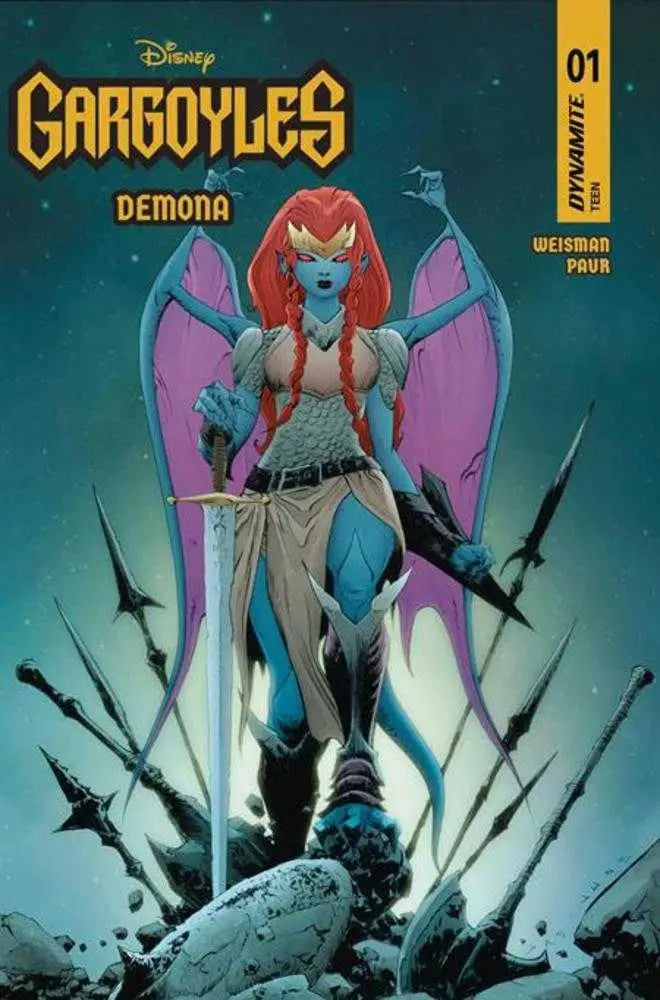 Comic book cover featuring blue-skinned, red-haired winged character with sword Jae Lee variant