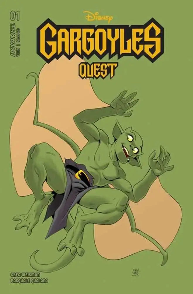 Green gargoyle in purple shorts leaps, featured in Gargoyles Quest #1 trading cards