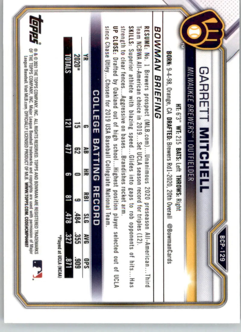 Garrett Mitchell - 2021 Bowman - #BCP-129 - Chrome Prospects Mojo Refractor