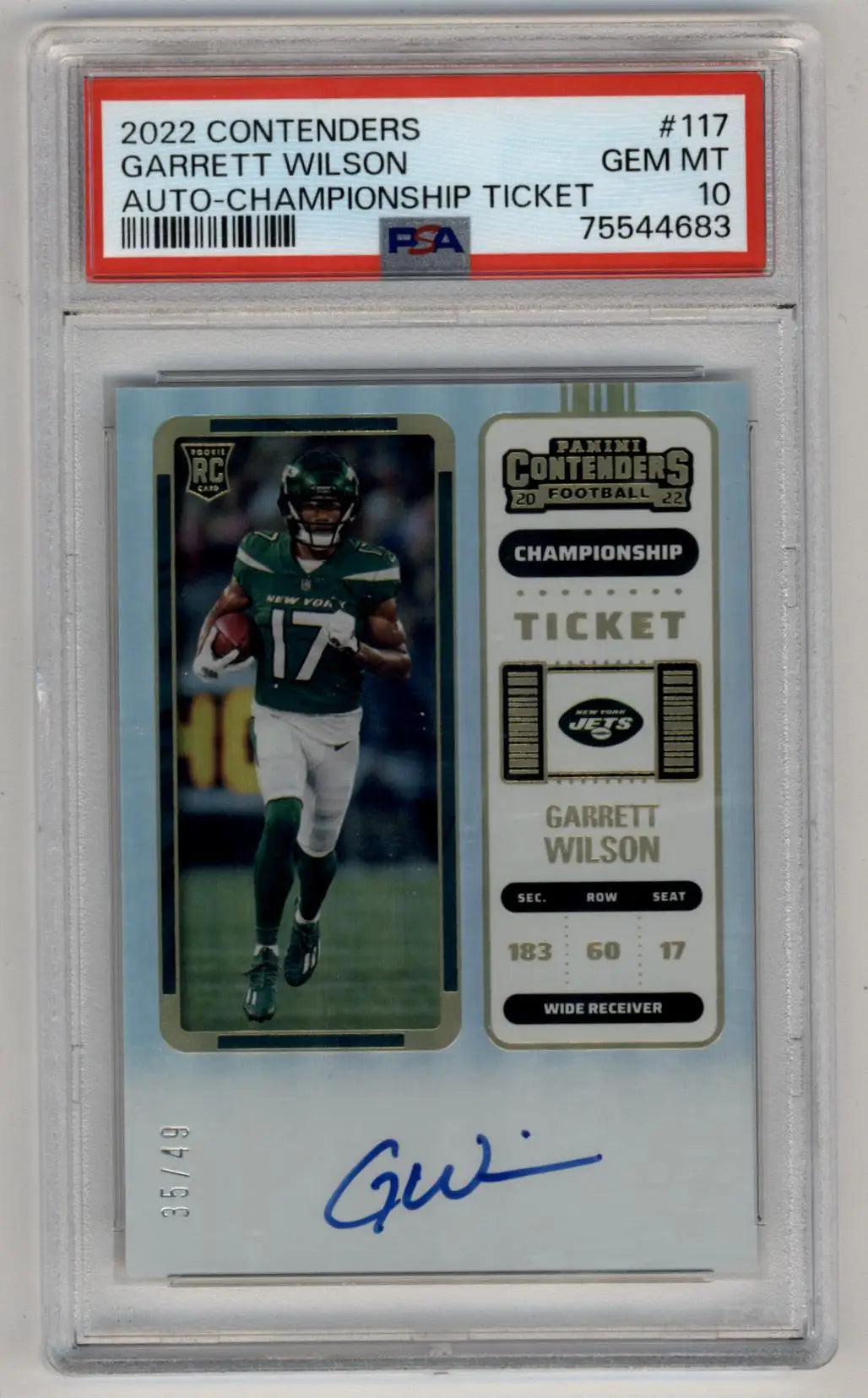 Garrett Wilson 2022 Contenders Championship Ticket Auto 35/49 PSA 10 Gem Mint - Football Card Single
