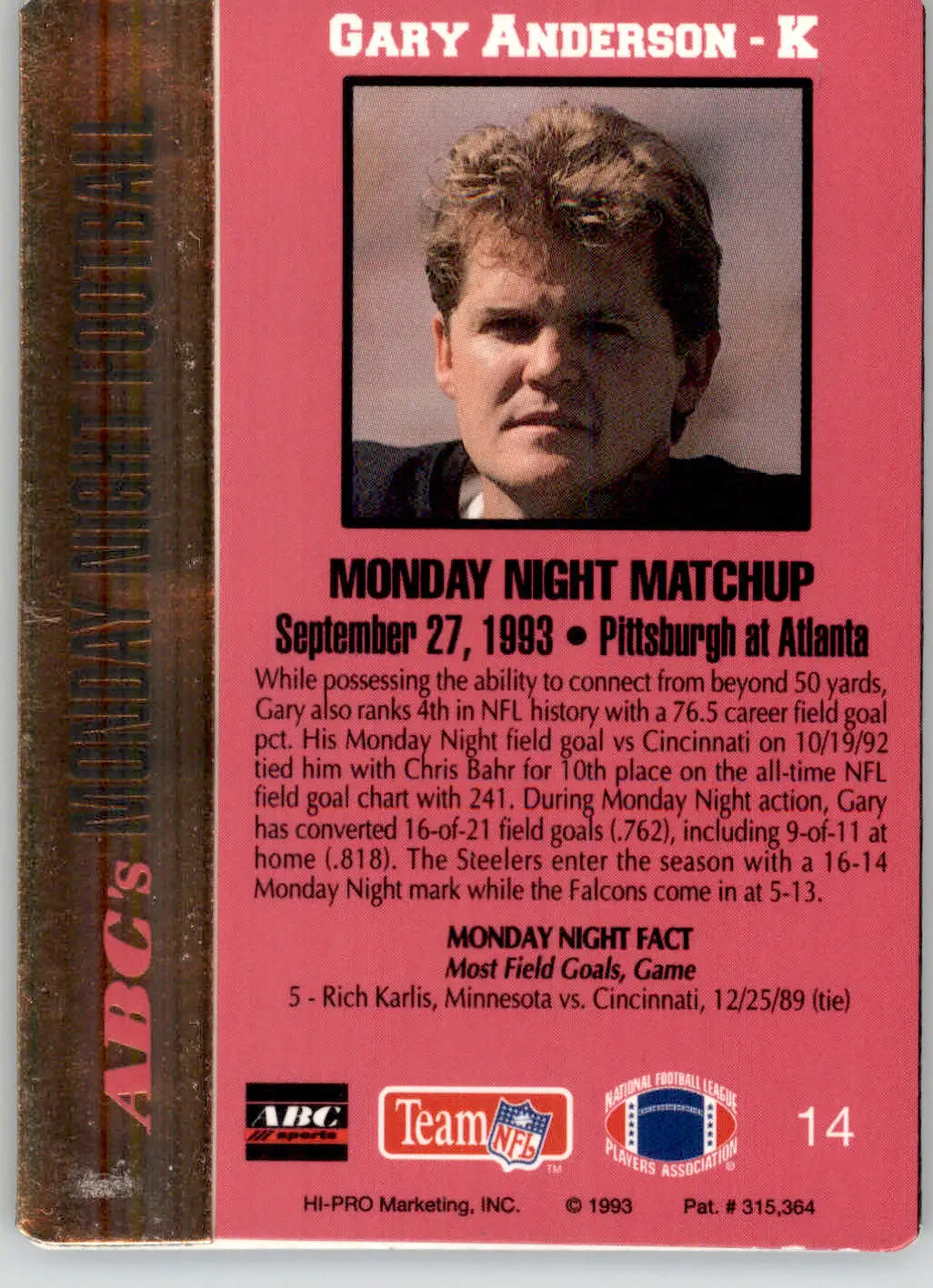 Gary Anderson - 1993 Action Packed Monday Night Football - #14 - Football - Football Card Single