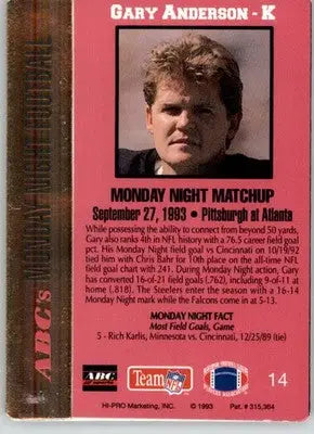Gary Anderson - 1993 Action Packed Monday Night Football - #14 - Football - Football Card Single