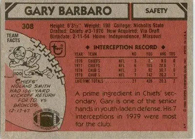 Gary Barbaro - 1980 Topps - #308 - Football - Football Card Single