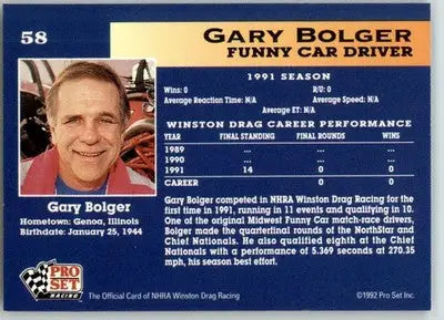 Gary Bolger - 1992 Pro Set NHRA - #58 - Racing - Racing Card Single