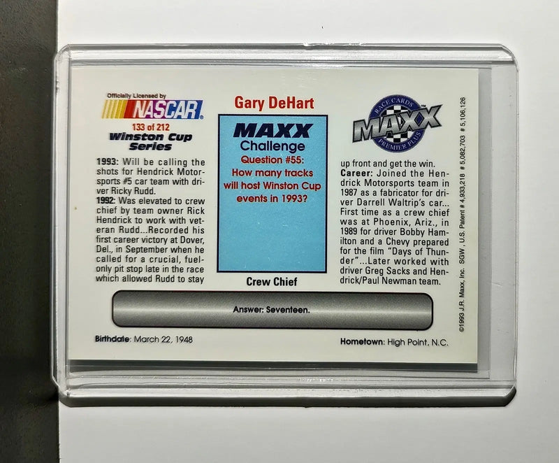 Gary DeHart 1993 Maxx Premier Plus Racing #133 NASCAR Card Hendrick Motorsports - Racing Card Single