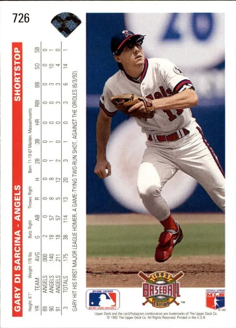 Gary DiSarcina 1992 Upper Deck MLB #726 Baseball Card California Angels - Baseball Card Single