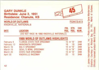 Gary Dunkle - 1988 World of Outlaws - #45 - Racing - Racing Card Single