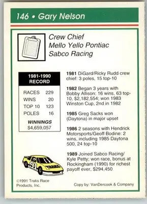 Gary Nelson - 1991 Traks - #146 - Racing - Racing Card Single
