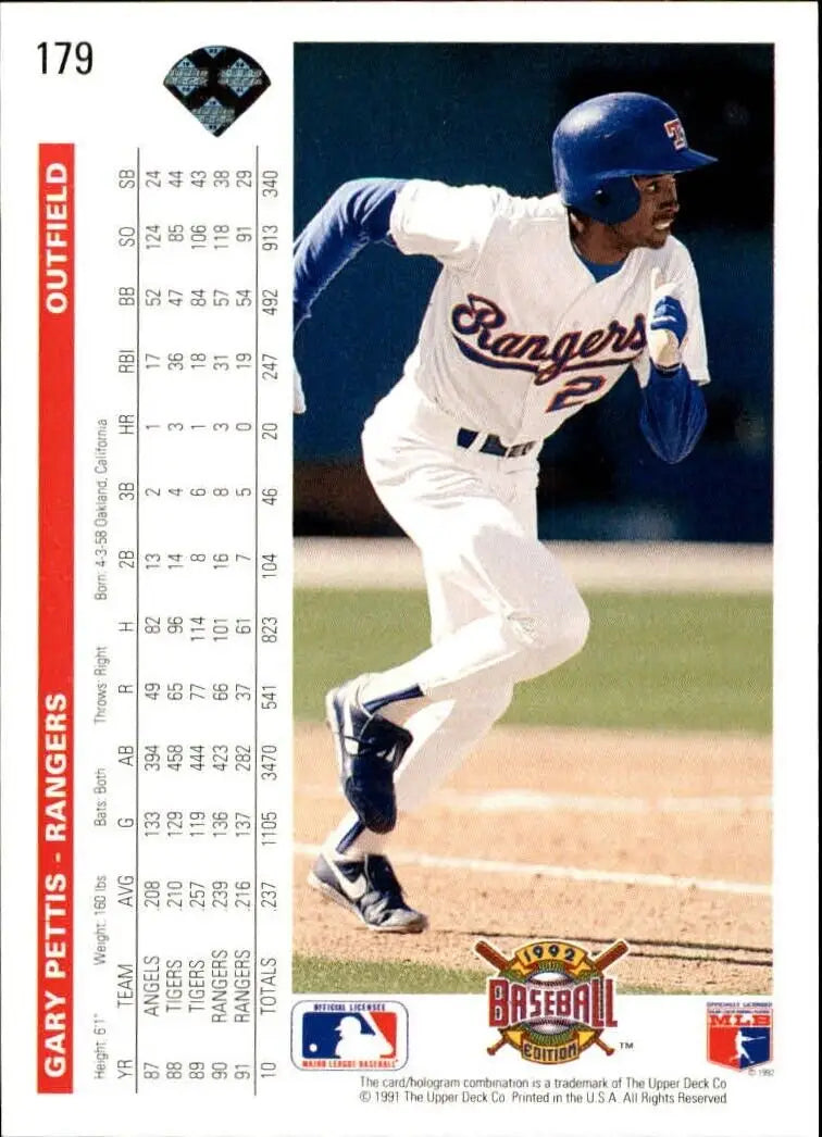 Gary Pettis 1992 Upper Deck MLB #179 Baseball Card Texas Rangers