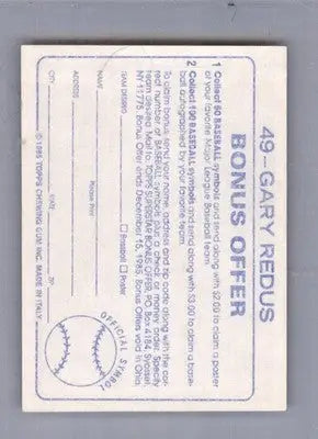 Gary Redus - 1985 Topps Stickers - #49 - Baseball - Baseball Card Single