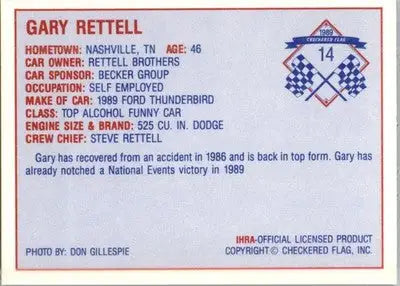 Gary Rettell - 1989 Checkered Flag IHRA - #14 - Racing - Racing Card Single