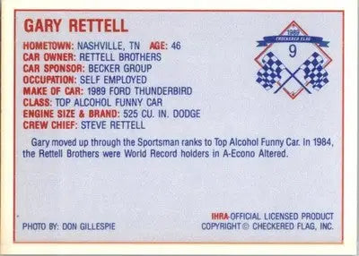 Gary Rettell - 1989 Checkered Flag IHRA - #9 - Racing - Racing Card Single