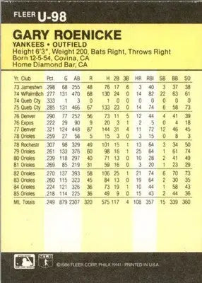 Gary Roenicke - 1986 Fleer Update - #U-98 - Baseball - Baseball Card Single