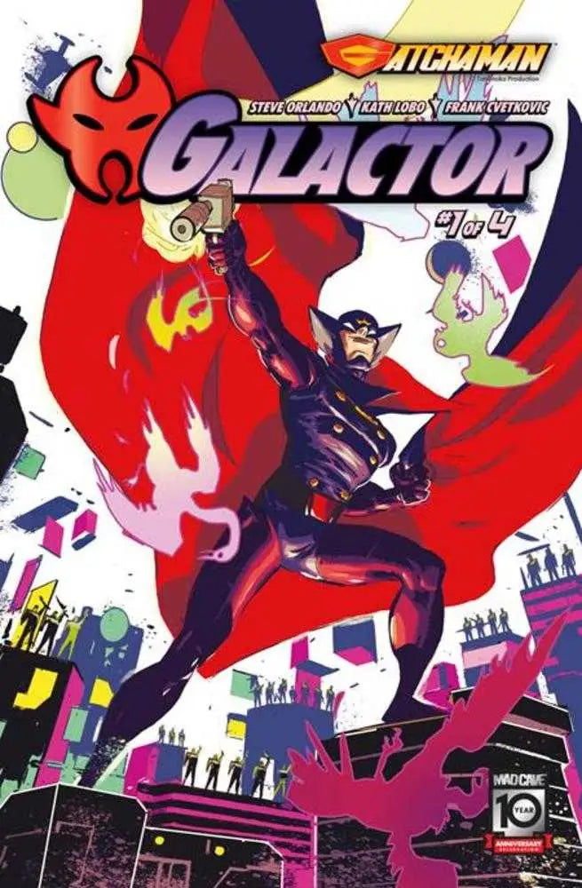 Comic book cover of Gatchaman Galactor #1 with superhero in cityscape for trading cards