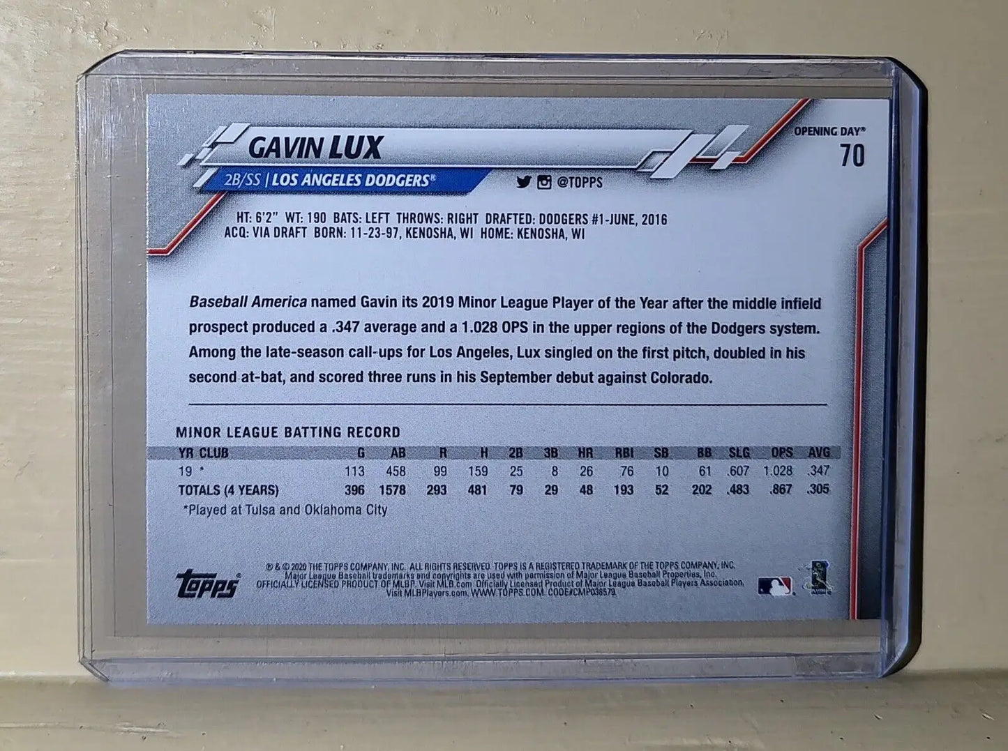 Gavin Lux 2019 Topps MLB 70 Opening Day Rookie Baseball Card Los Angeles Dodgers - Baseball Card Single