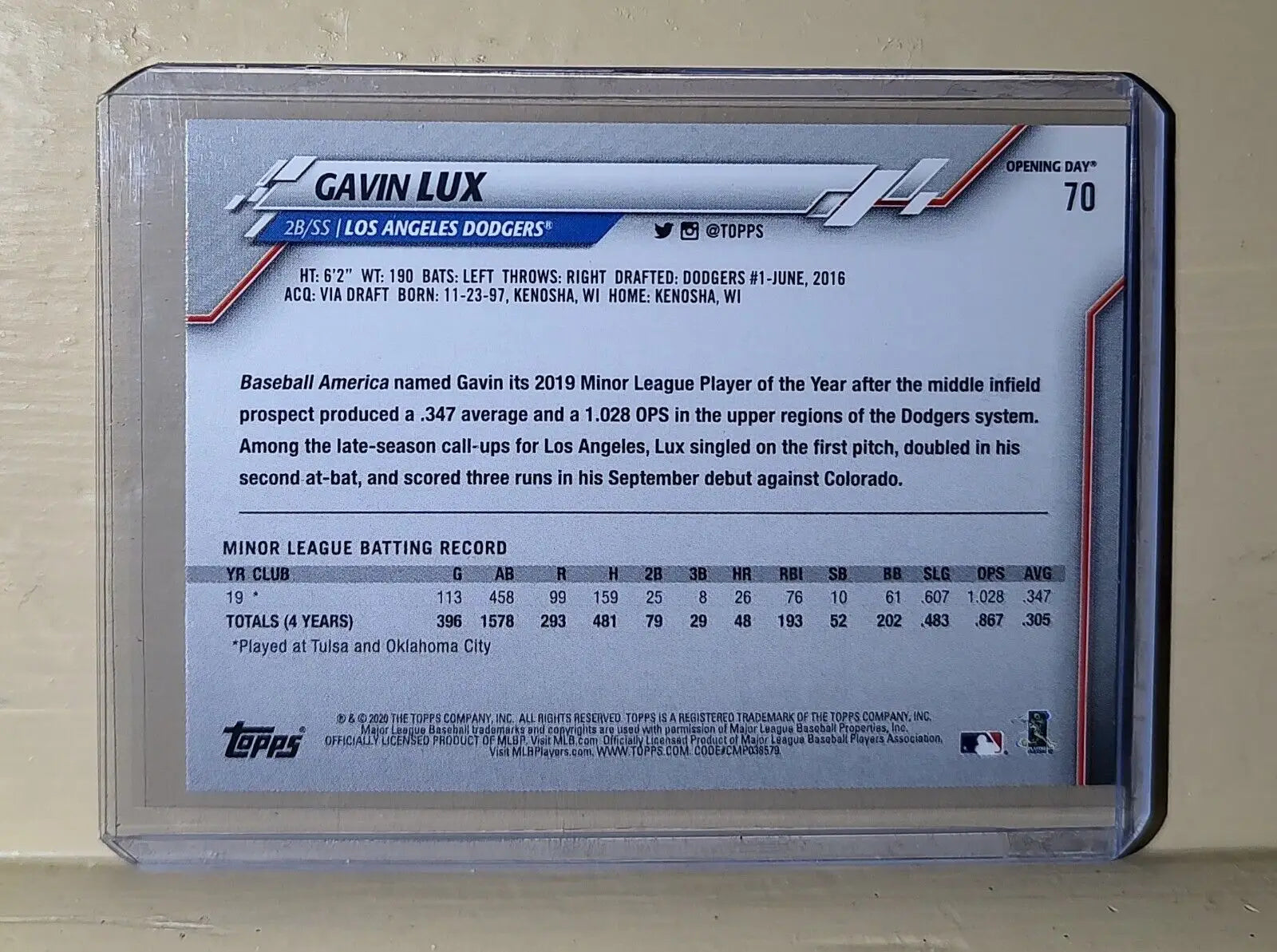 Gavin Lux 2019 Topps MLB 70 Opening Day Rookie Baseball Card Los Angeles Dodgers - Baseball Card Single