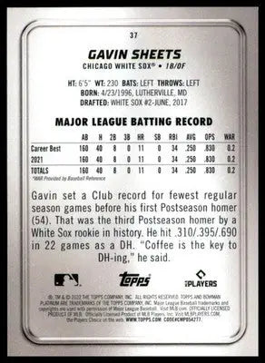 Gavin Sheets Rookie 2022 Bowman Platinum #37 Chicago White Sox - Baseball Card Single