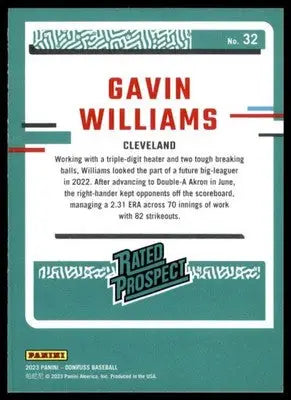 Gavin Williams 2023 Donruss #32 Cleveland Guardians - Baseball Card Single
