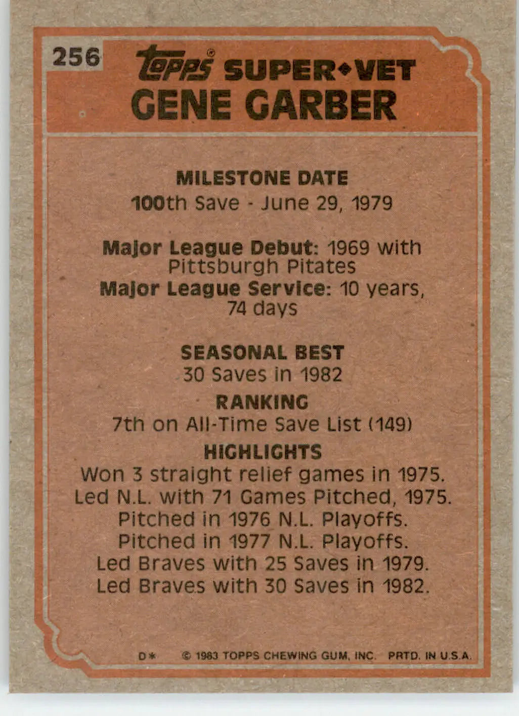 Gene Garber - 1983 Topps - #256 - Baseball - Baseball Card Single