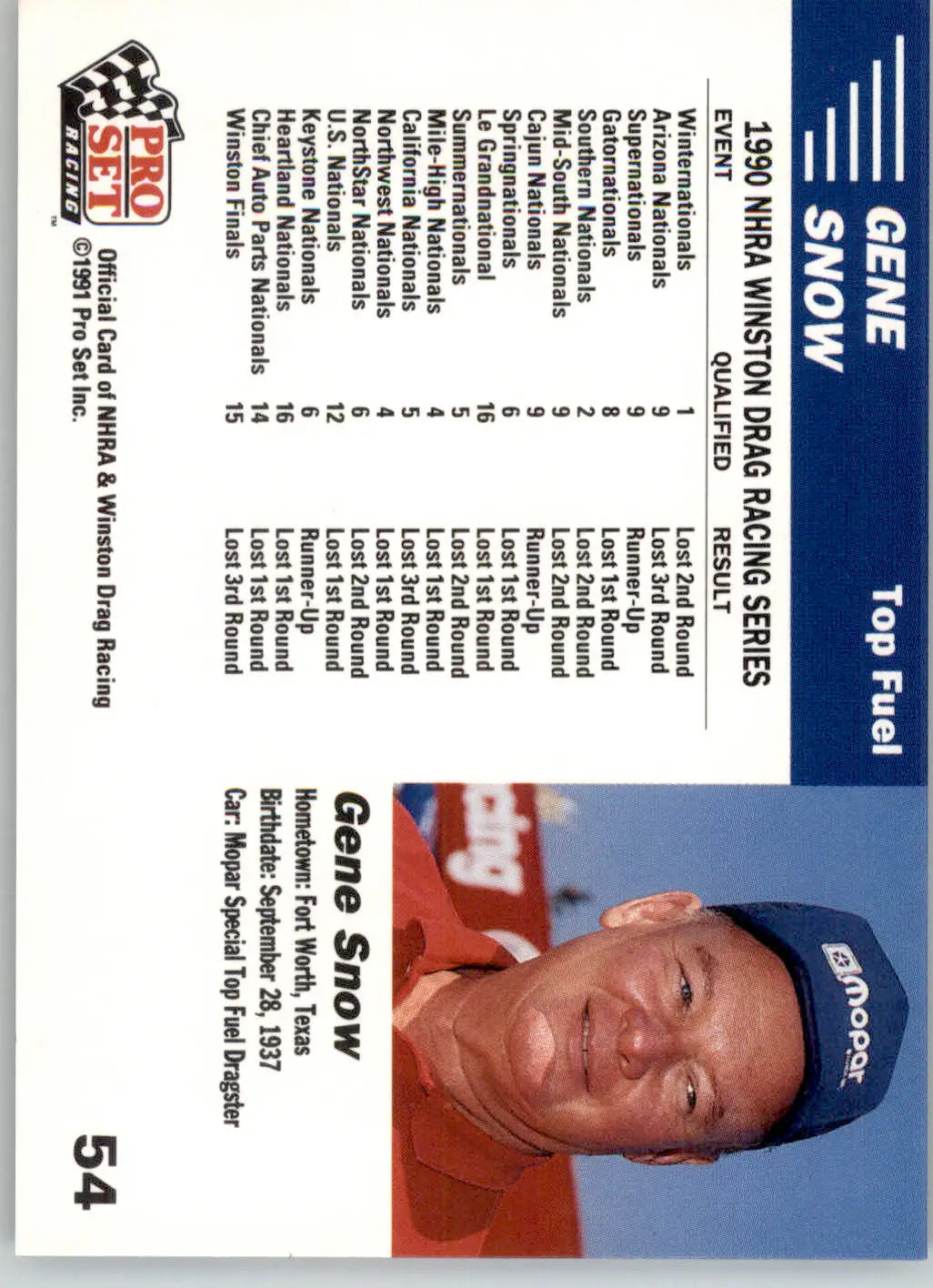 Gene Snow’s Car - 1991 Pro Set NHRA - #54 - Racing - Racing Card Single