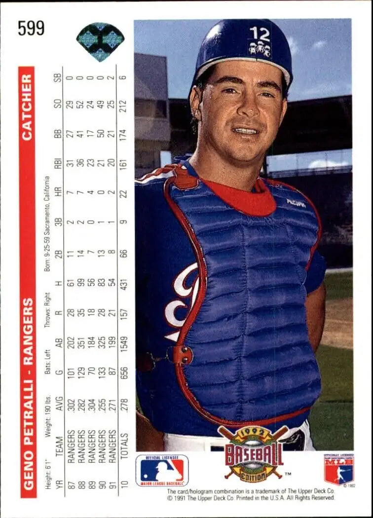 Geno Petralli 1992 Upper Deck MLB #599 Baseball Card Texas Rangers