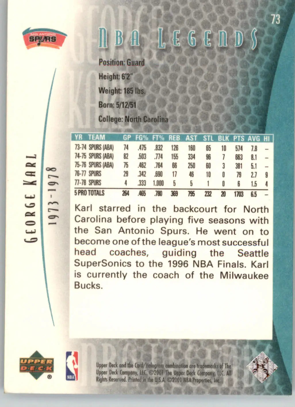 George Karl - 2000-01 Upper Deck Legends - #73 - Basketball - Basketball Card Single