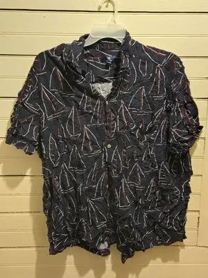 George Shirt Mens 3XL Navy Sailboat Print Short Sleeve Button Up Casual Resort - Apparel