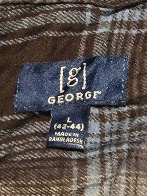 George Shirt Mens L Brown Blue Plaid Long Sleeve Button Front Flannel Casual - Apparel